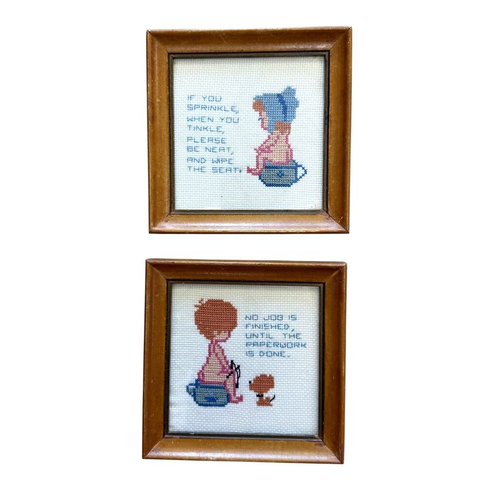 Vintage 1970s Cross Stitch Bathroom Humor Wall Art Pair Toilet Framed 6"